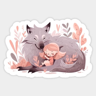 Cute Wolf Animal Loving Cuddle Embrace Children Kid Tenderness Sticker